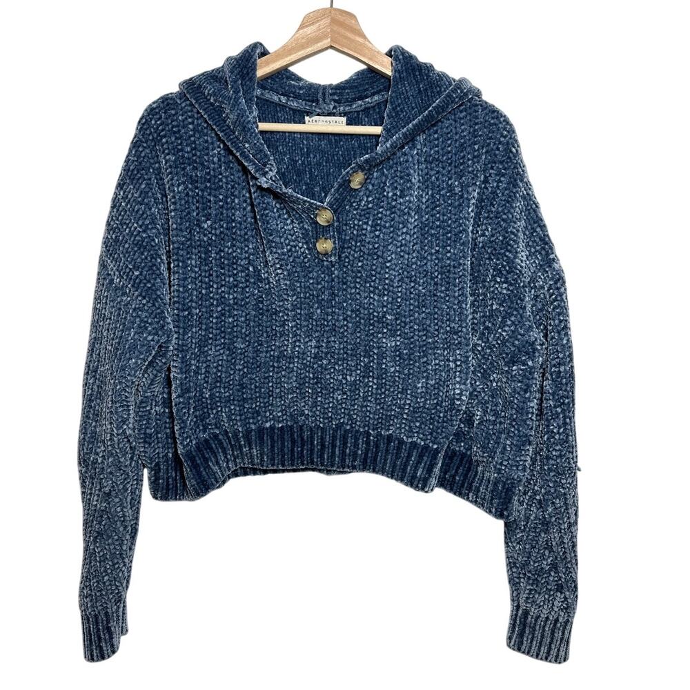 Aeropostale Chenille Hoodie Sweater Cropped Blue Sz L Cozy Soft Oversized Comfy